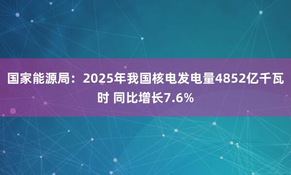 国家能源局：2025年我国核电发电量4852亿千瓦时 同比增长7.6%