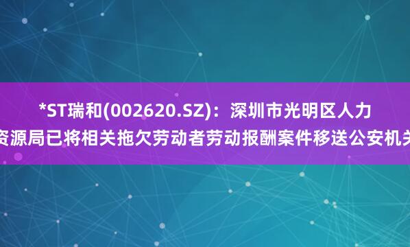 *ST瑞和(002620.SZ)：深圳市光明区人力资源局已将相关拖欠劳动者劳动报酬案件移送公安机关