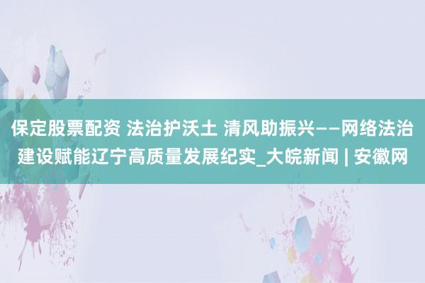 保定股票配资 法治护沃土 清风助振兴——网络法治建设赋能辽宁高质量发展纪实_大皖新闻 | 安徽网